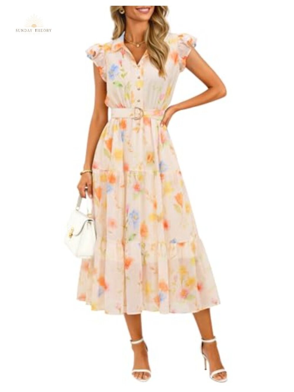 Womens Summer Floral Chiffon Midi Dress Button V Neck Ruffled A-Line Belted